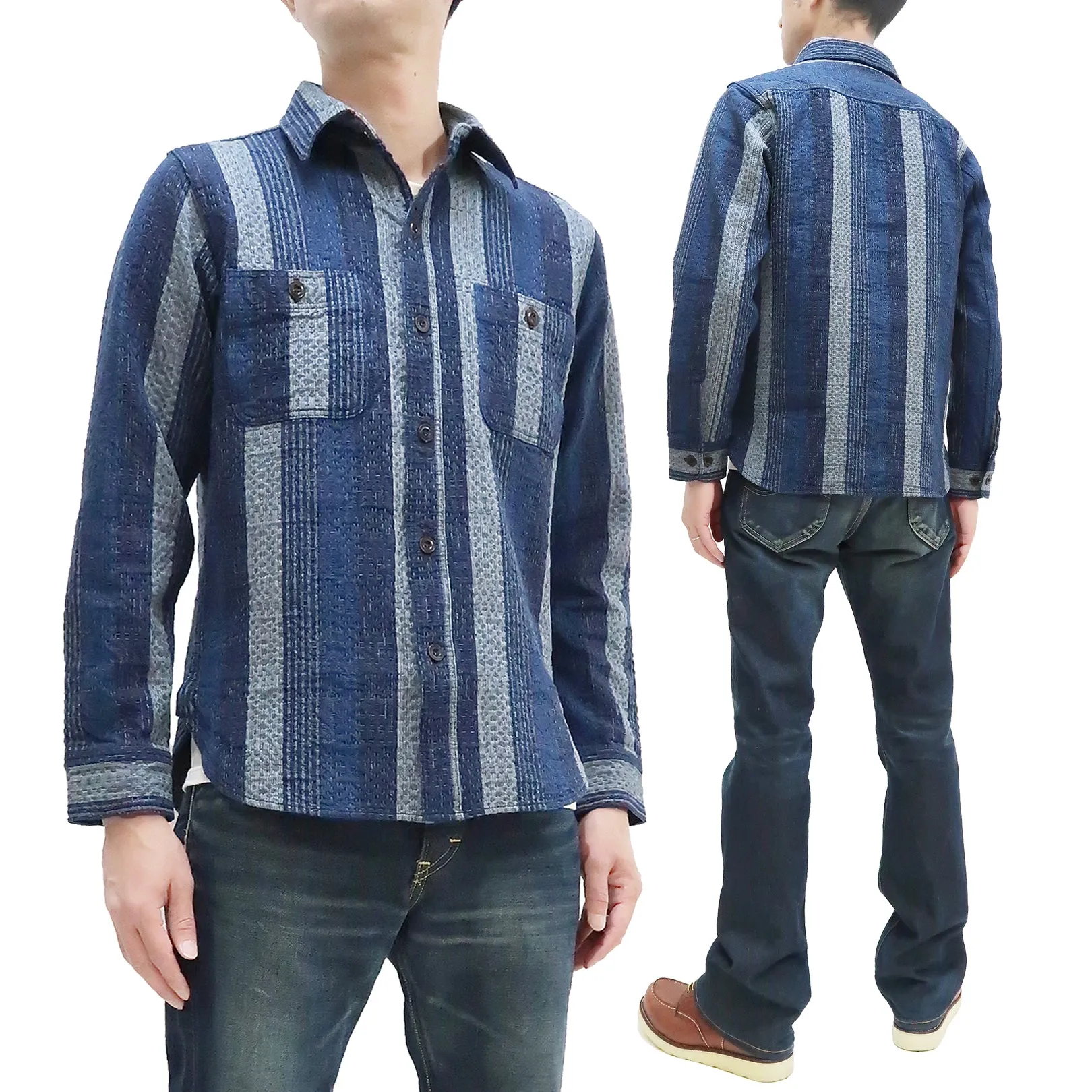 Studio D'artisan Shirt Men's Noragi Kasuri Sashiko Boro Style Long Sleeve Striped Shirt 5676 Navy-Blue