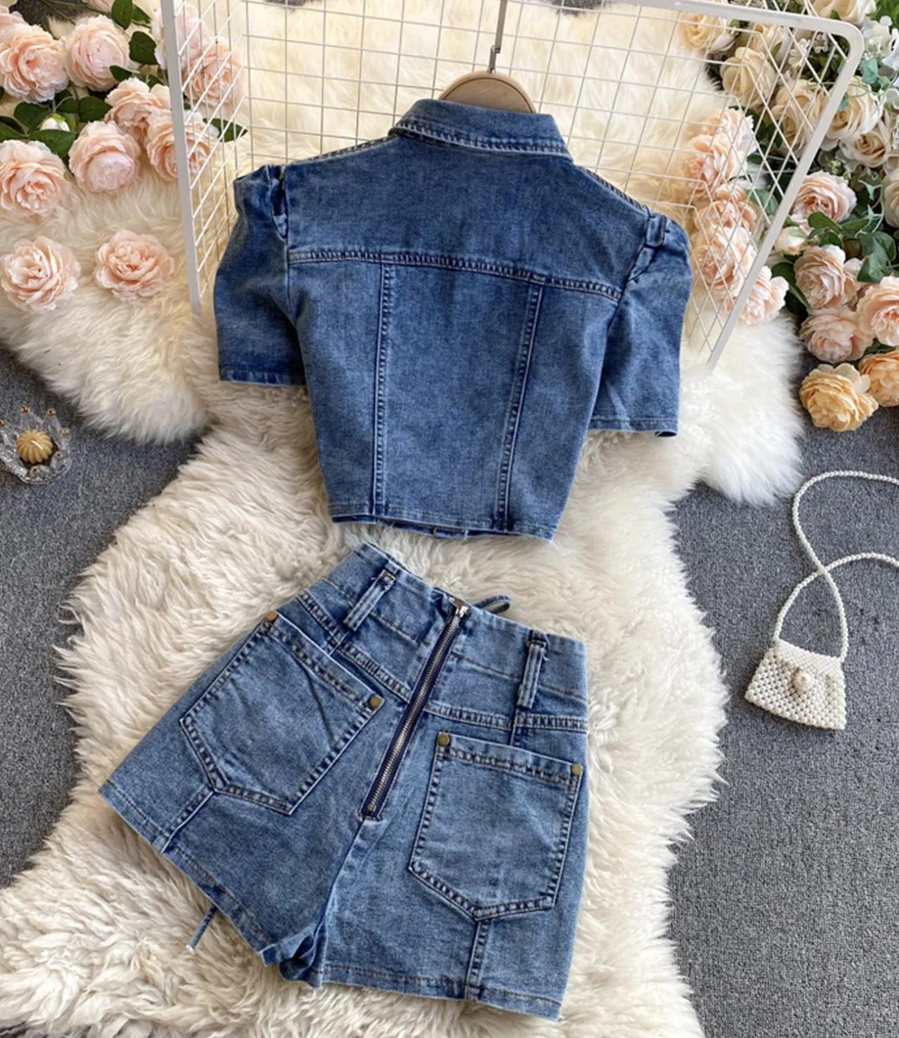 Stylish two-piece suit denim tops   short lace up shorts  S59