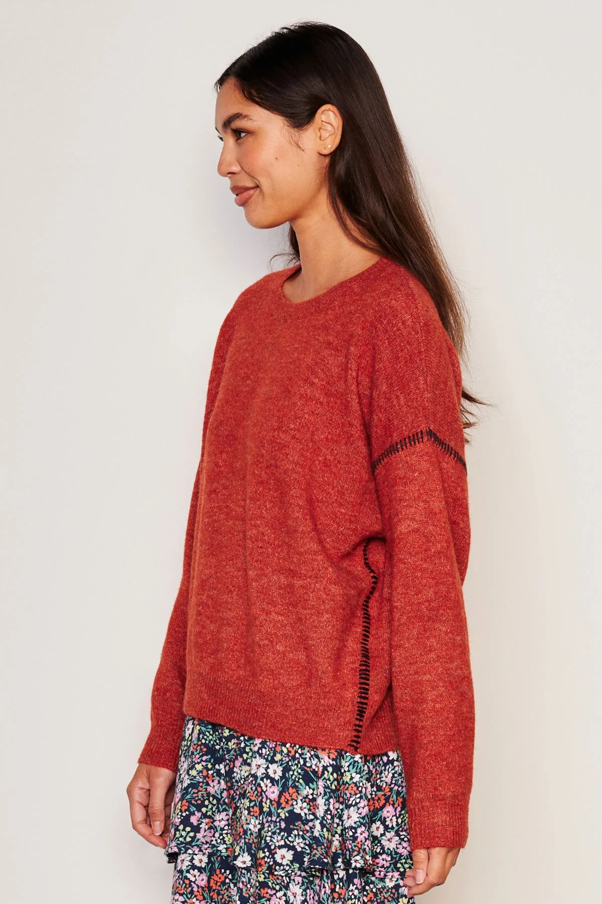 Sundry Baseball Stitch Crew Neck Sweater in Red Rock