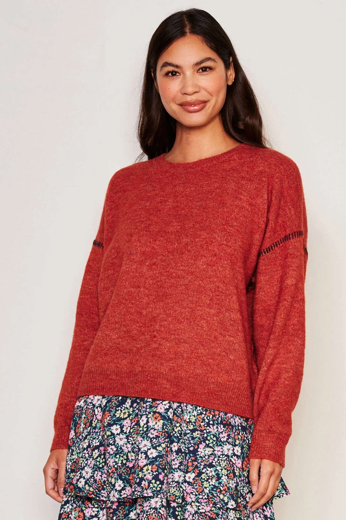 Sundry Baseball Stitch Crew Neck Sweater in Red Rock