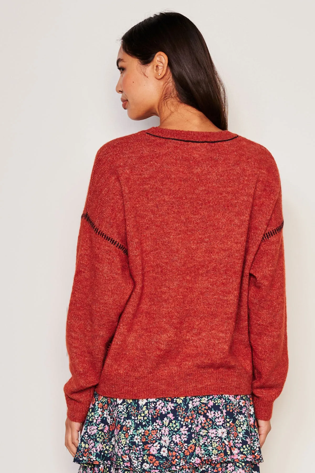 Sundry Baseball Stitch Crew Neck Sweater in Red Rock