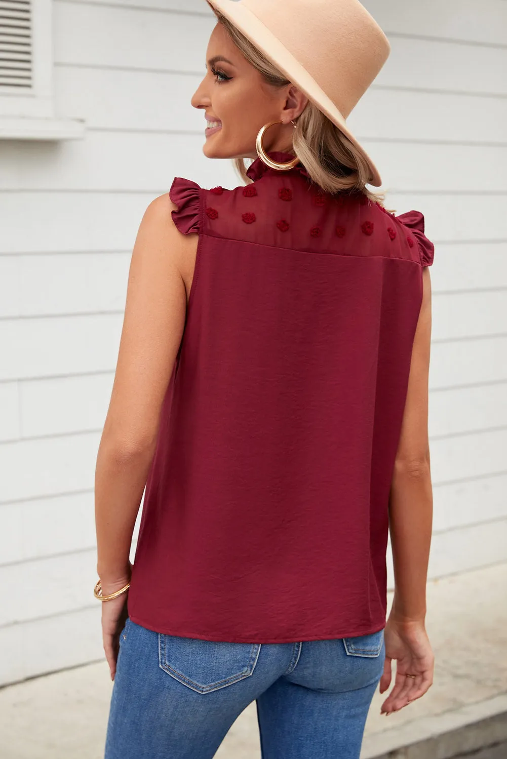 Swiss Dot Buttoned Ruffle Trim Tank Top