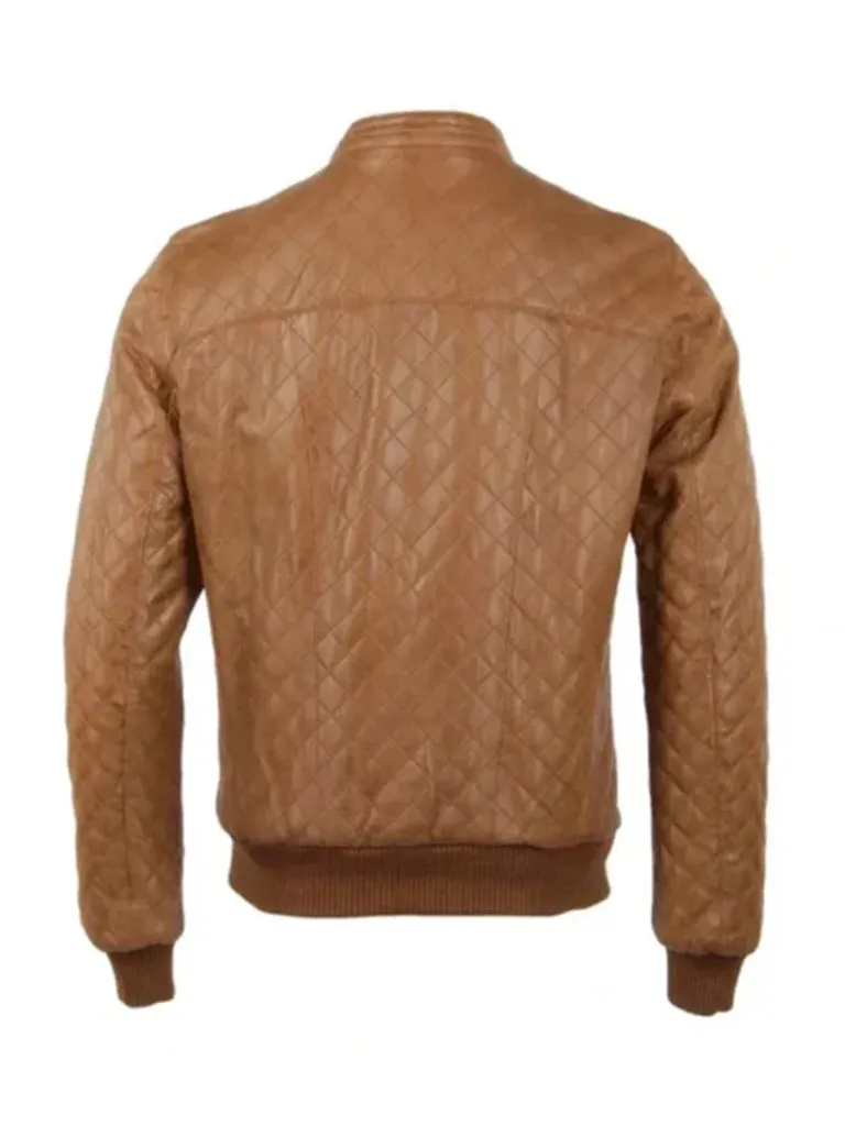 Tan Brown Bomber Quilted Leather Jacket