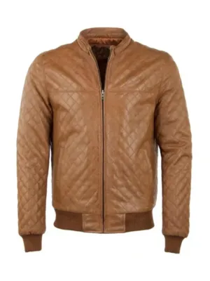 Tan Brown Bomber Quilted Leather Jacket