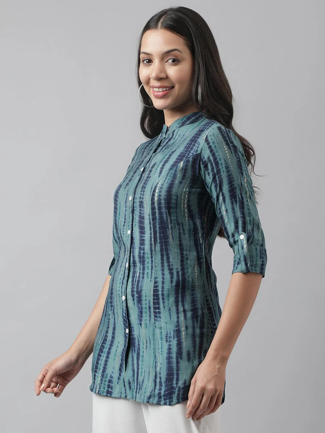 Teal Floral Printed Muslin A-Line Shirt Style Top