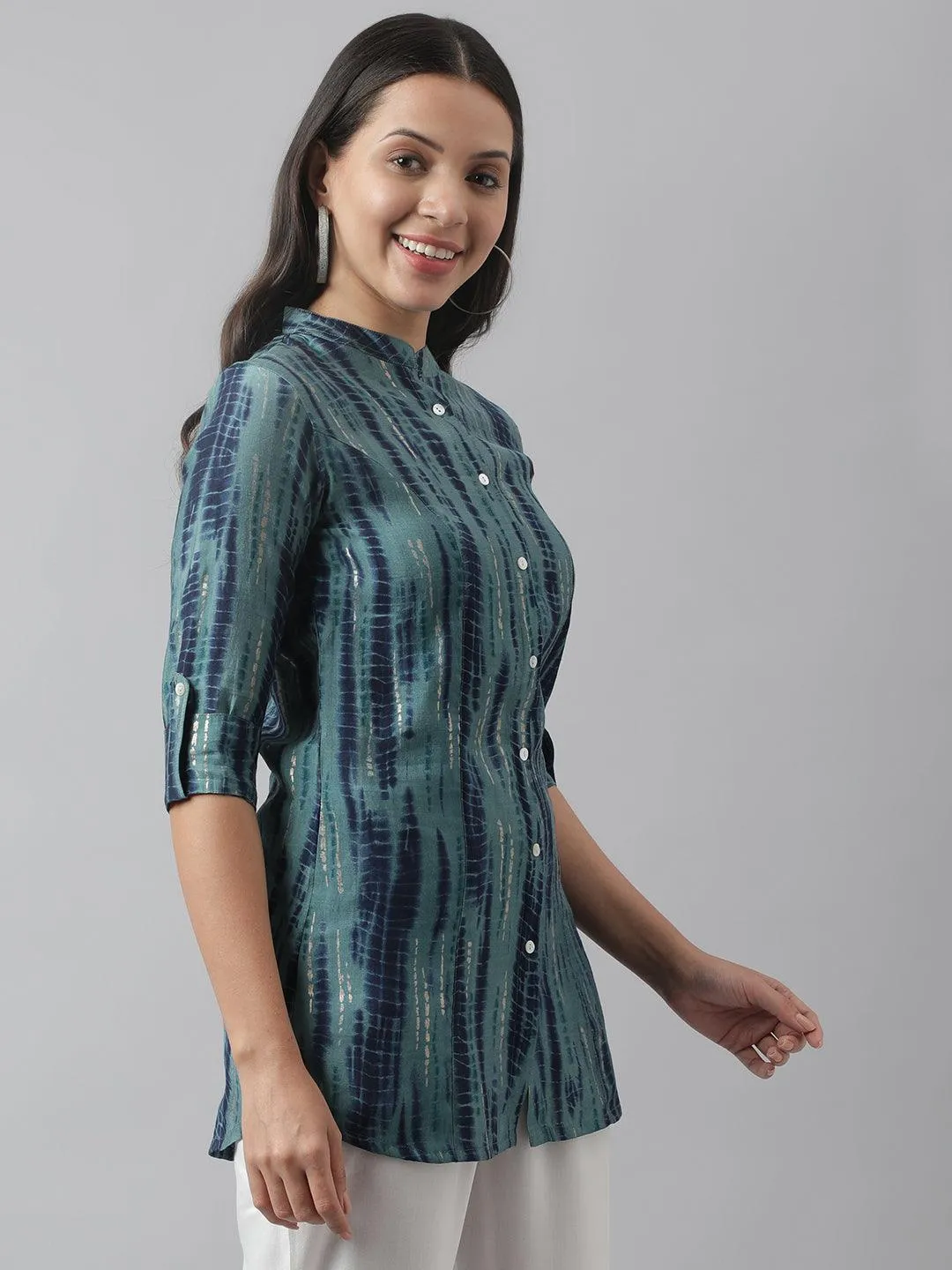 Teal Floral Printed Muslin A-Line Shirt Style Top