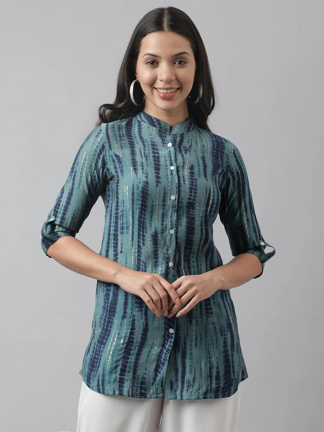 Teal Floral Printed Muslin A-Line Shirt Style Top