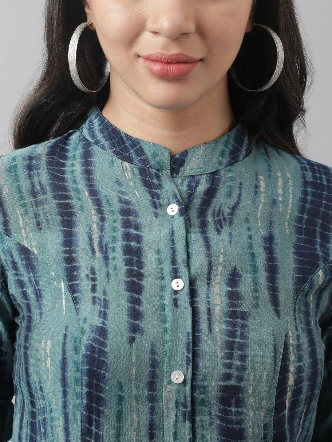 Teal Floral Printed Muslin A-Line Shirt Style Top