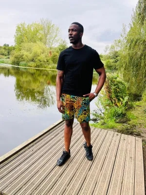 The Bassi Men Ankara African Print Shorts in Colour Pop & Black by Eldimaa Fashion