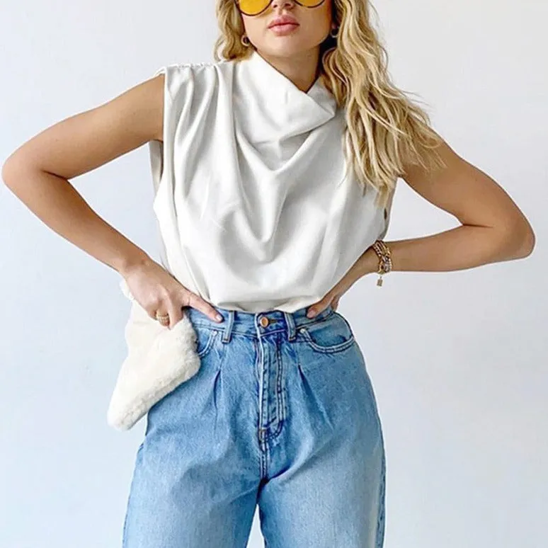 Turtleneck Sleeveless Ruched T-shirt