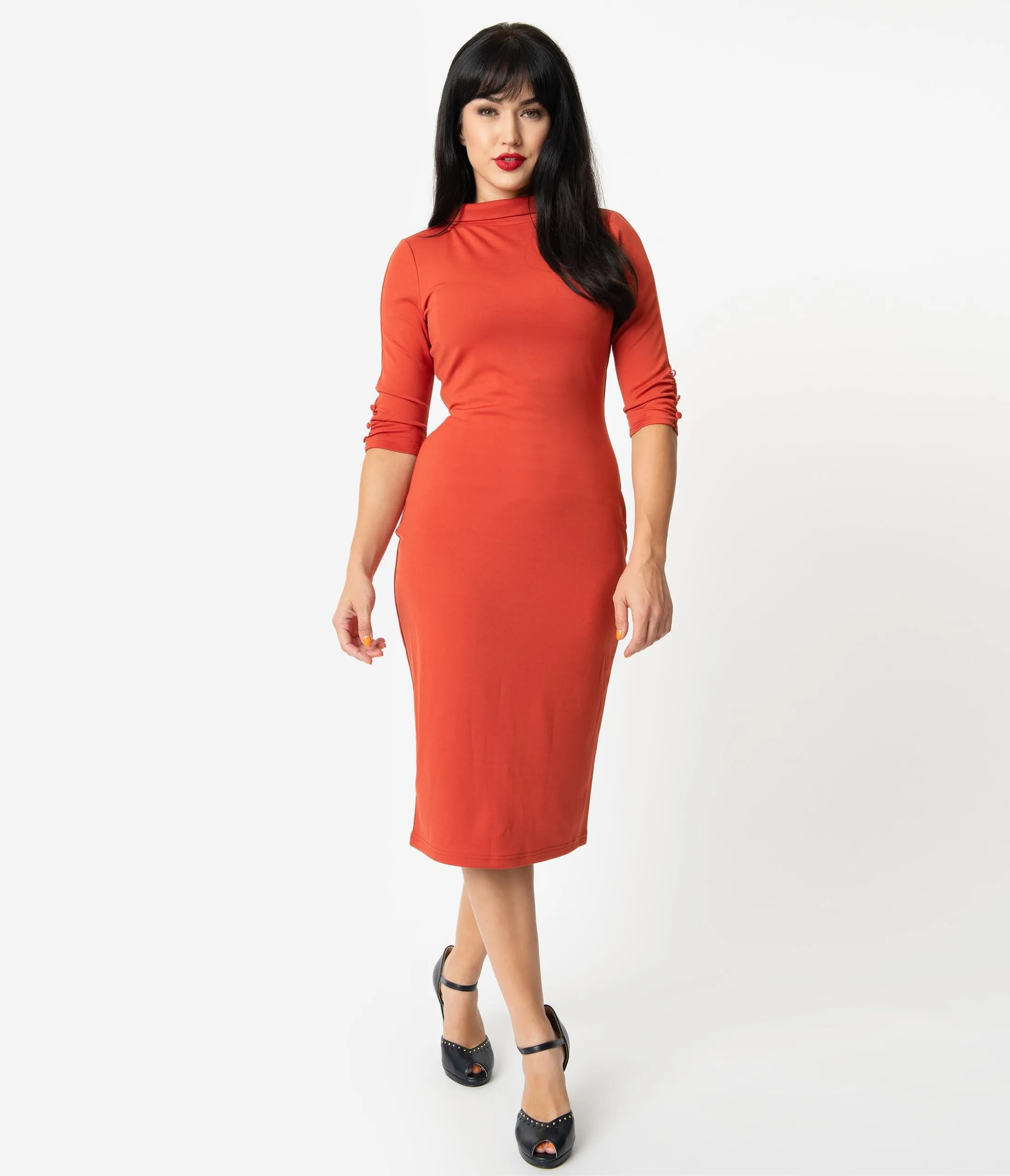 Unique Vintage 1960s Retro Paprika Half Sleeve Cassidy Wiggle Dress