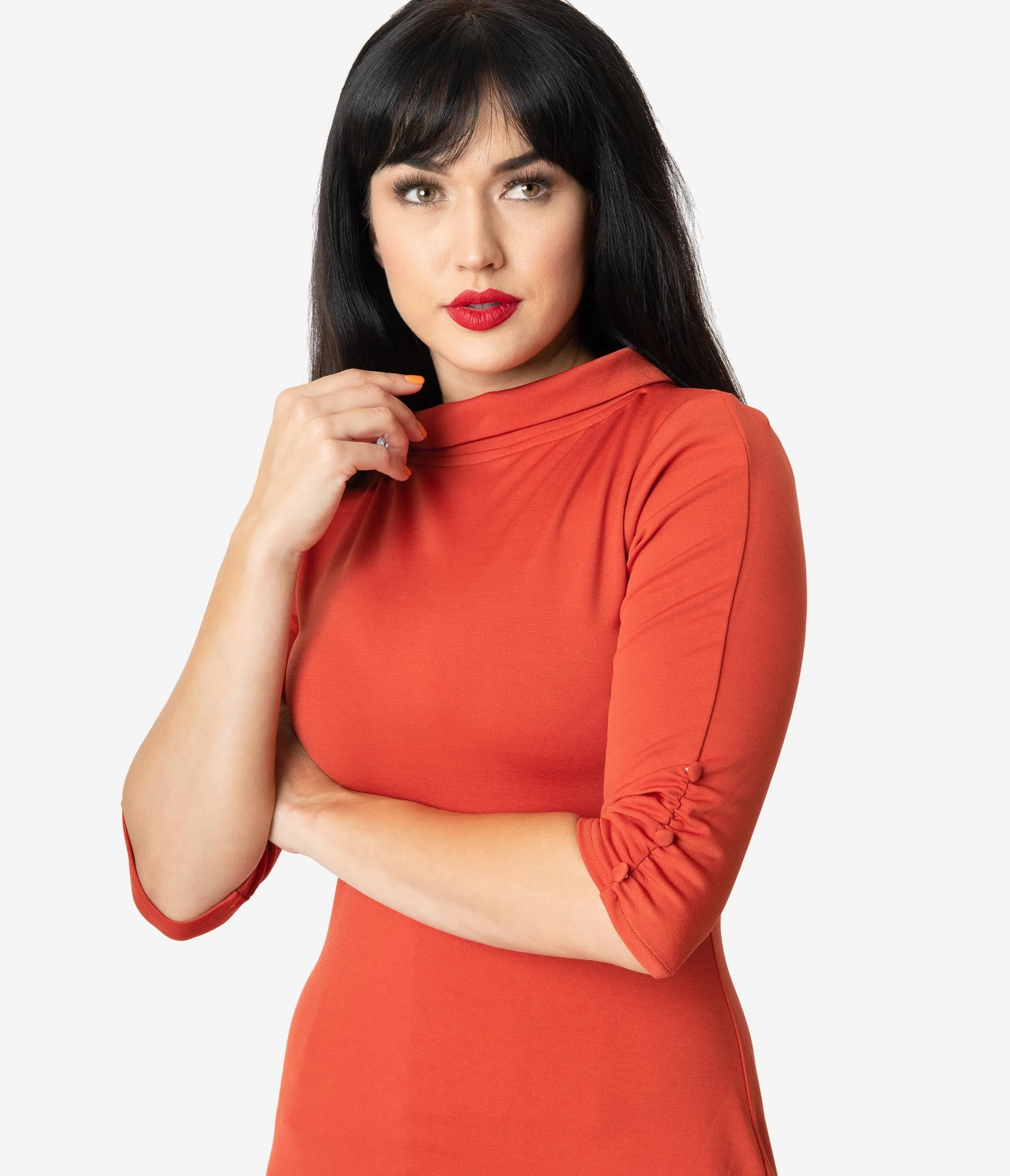 Unique Vintage 1960s Retro Paprika Half Sleeve Cassidy Wiggle Dress