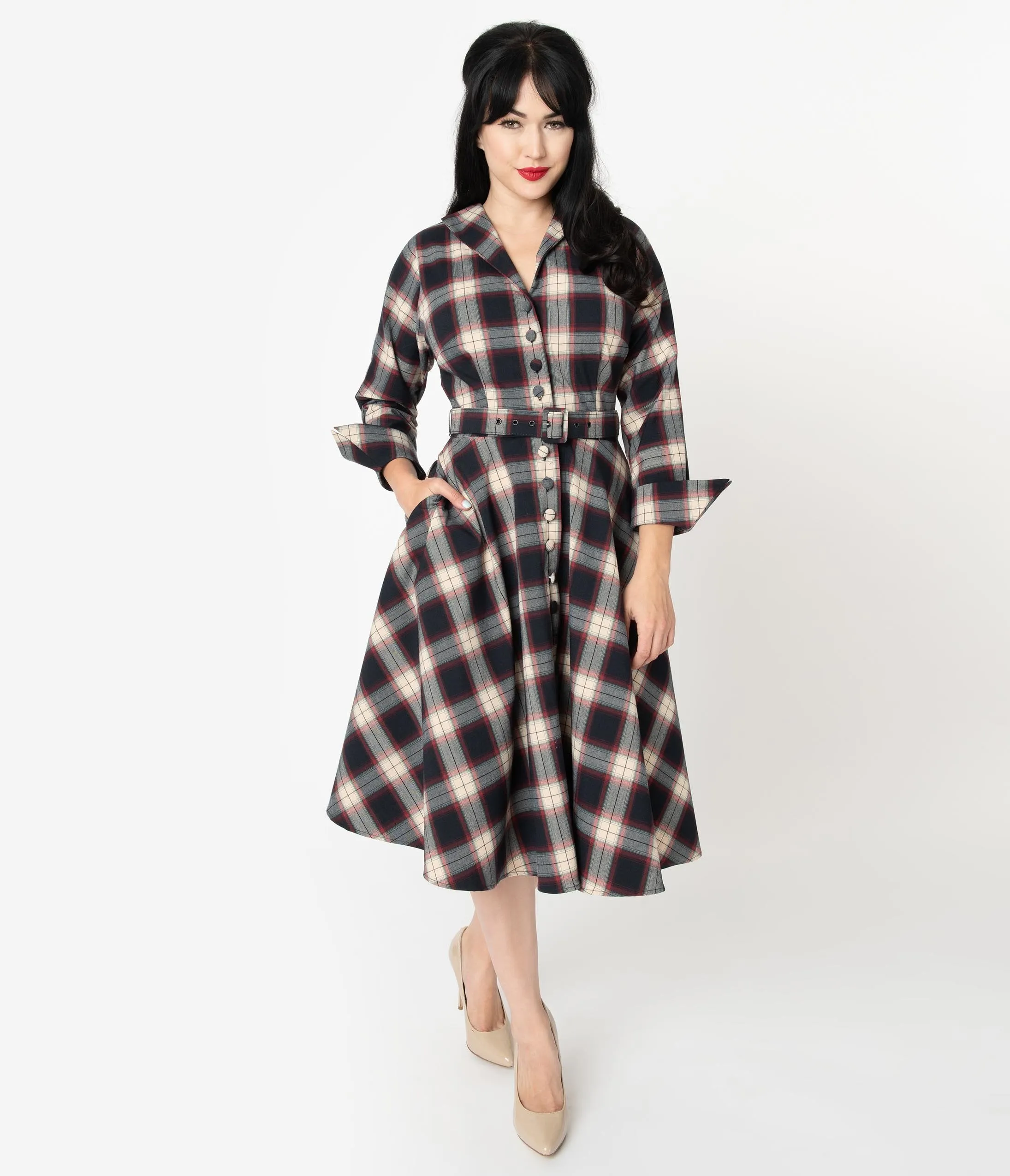 Unique Vintage Navy & Cream Plaid Sleeved Brooklyn Shirtdress