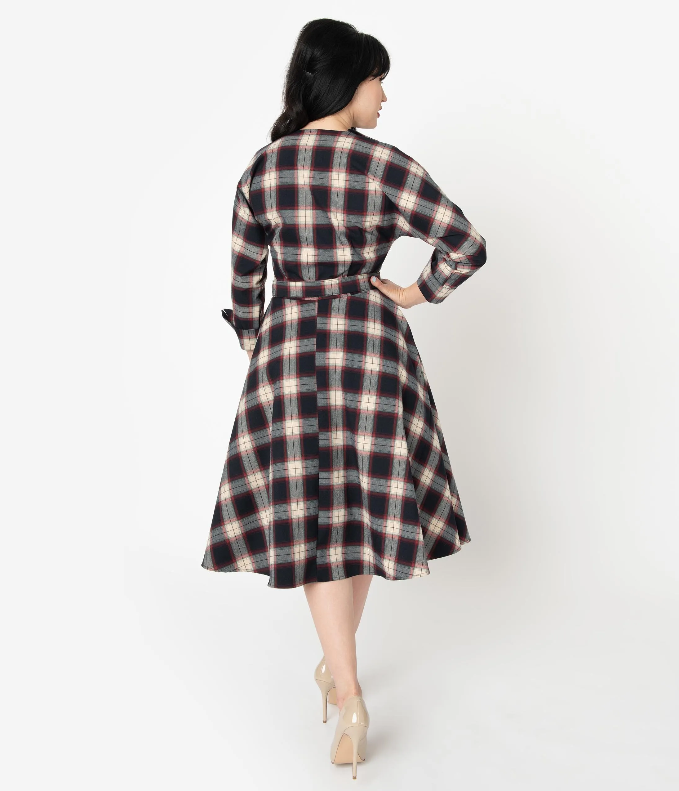 Unique Vintage Navy & Cream Plaid Sleeved Brooklyn Shirtdress