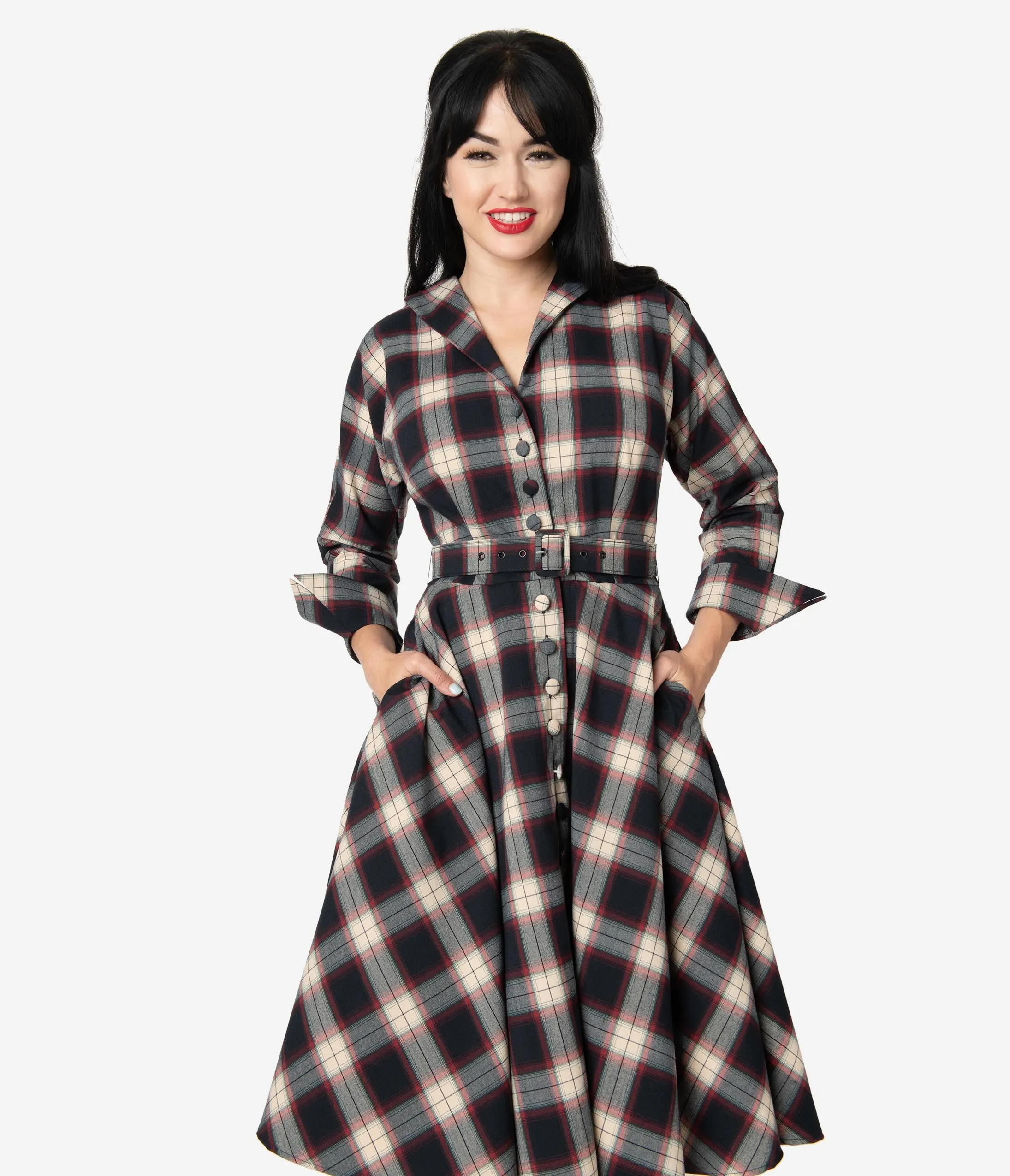 Unique Vintage Navy & Cream Plaid Sleeved Brooklyn Shirtdress