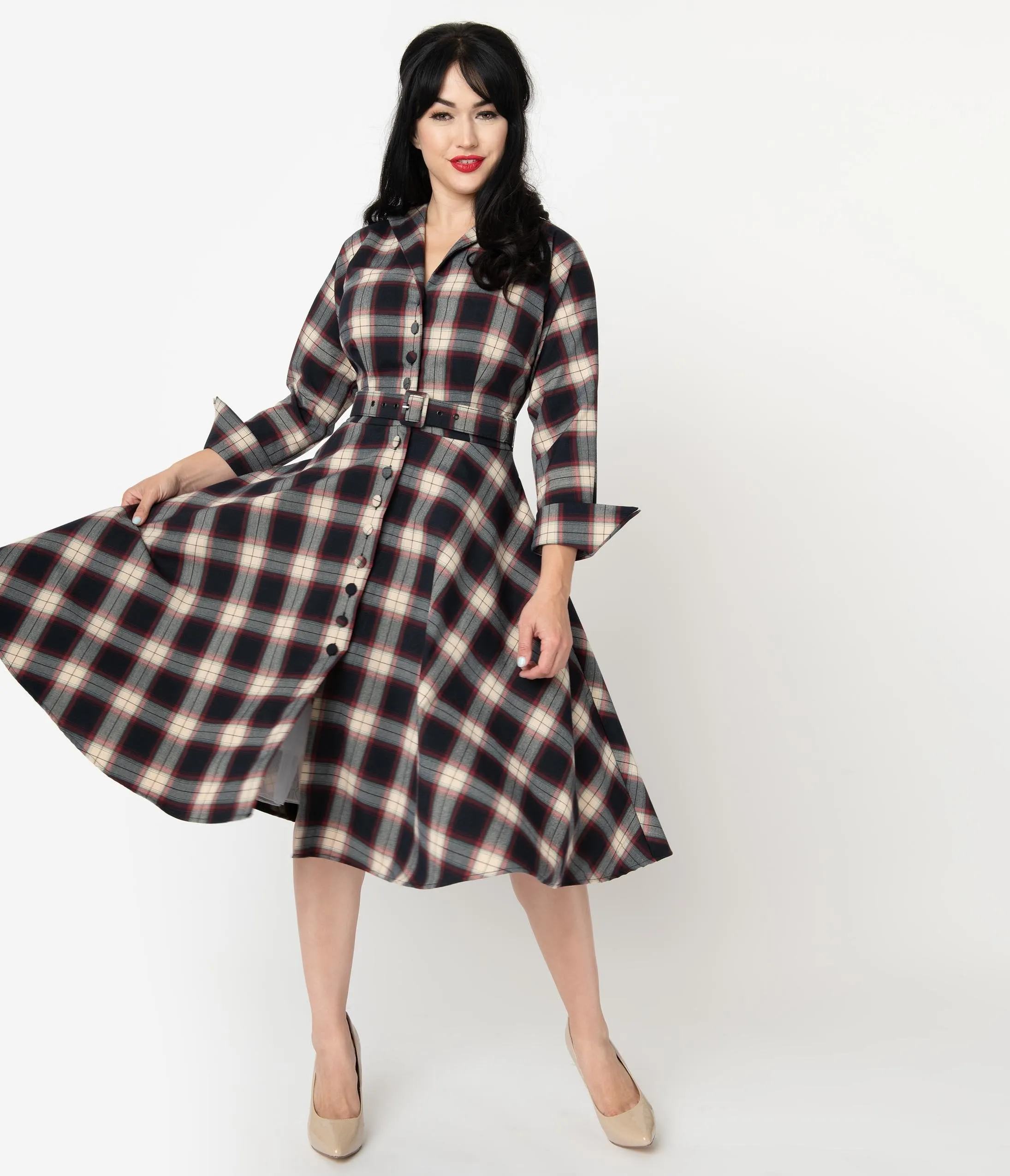 Unique Vintage Navy & Cream Plaid Sleeved Brooklyn Shirtdress