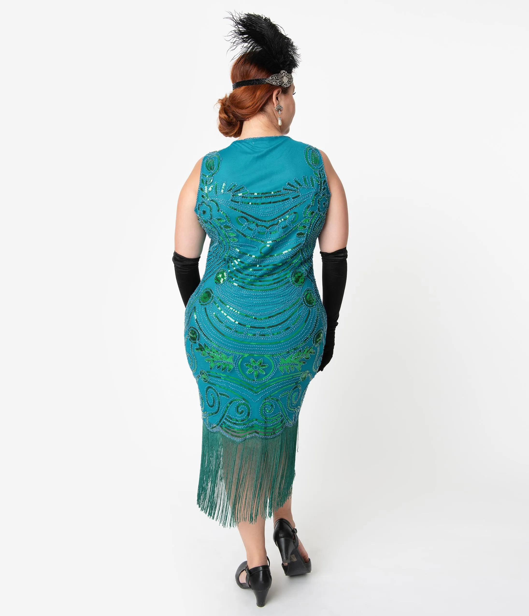 Unique Vintage Plus Size 1920s Teal Beaded Yvette Fringe Cocktail Dress