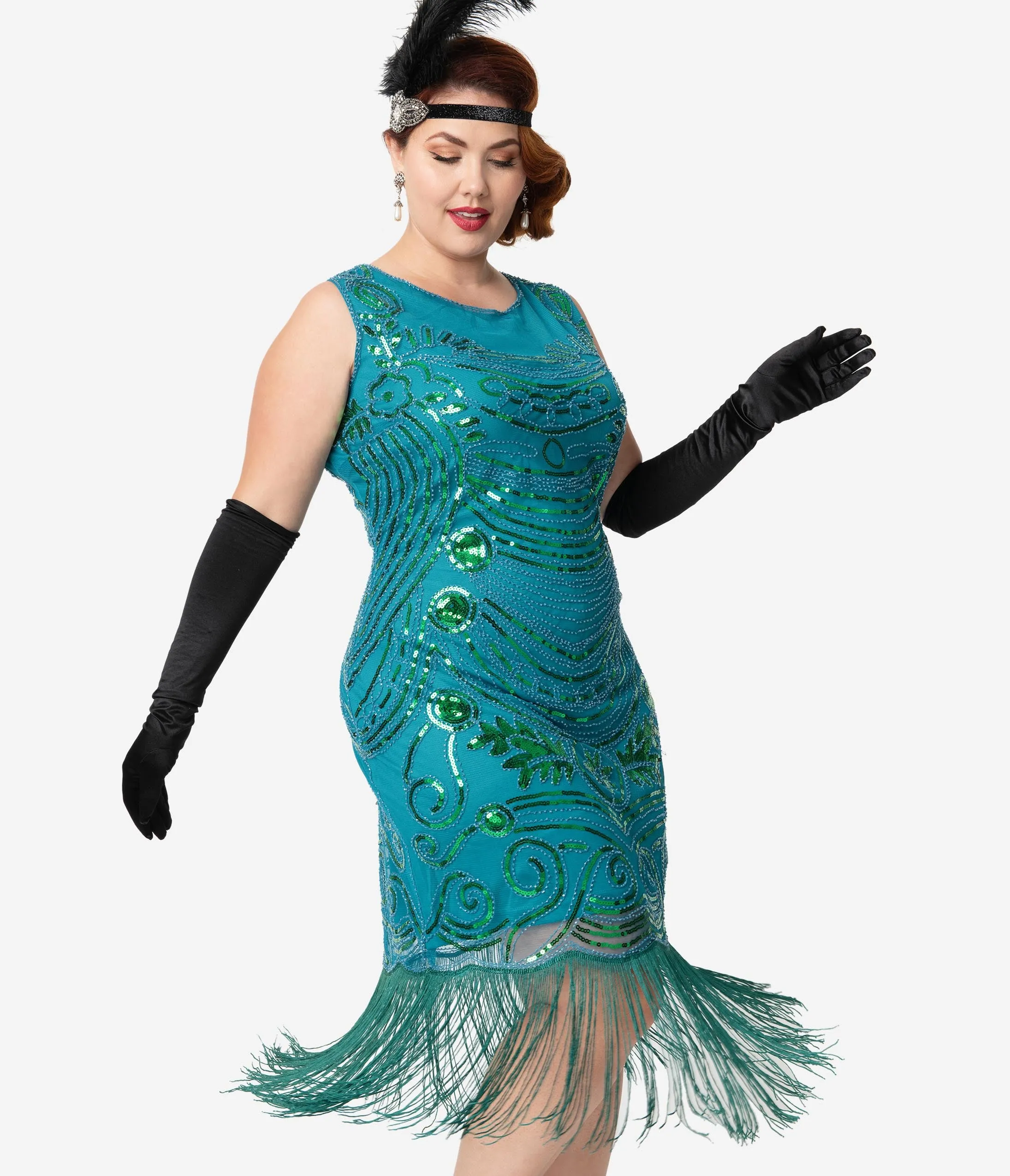 Unique Vintage Plus Size 1920s Teal Beaded Yvette Fringe Cocktail Dress