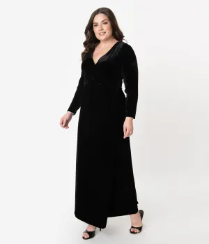 Unique Vintage Plus Size Black Velvet Sleeved Warner Faux Wrap Dress