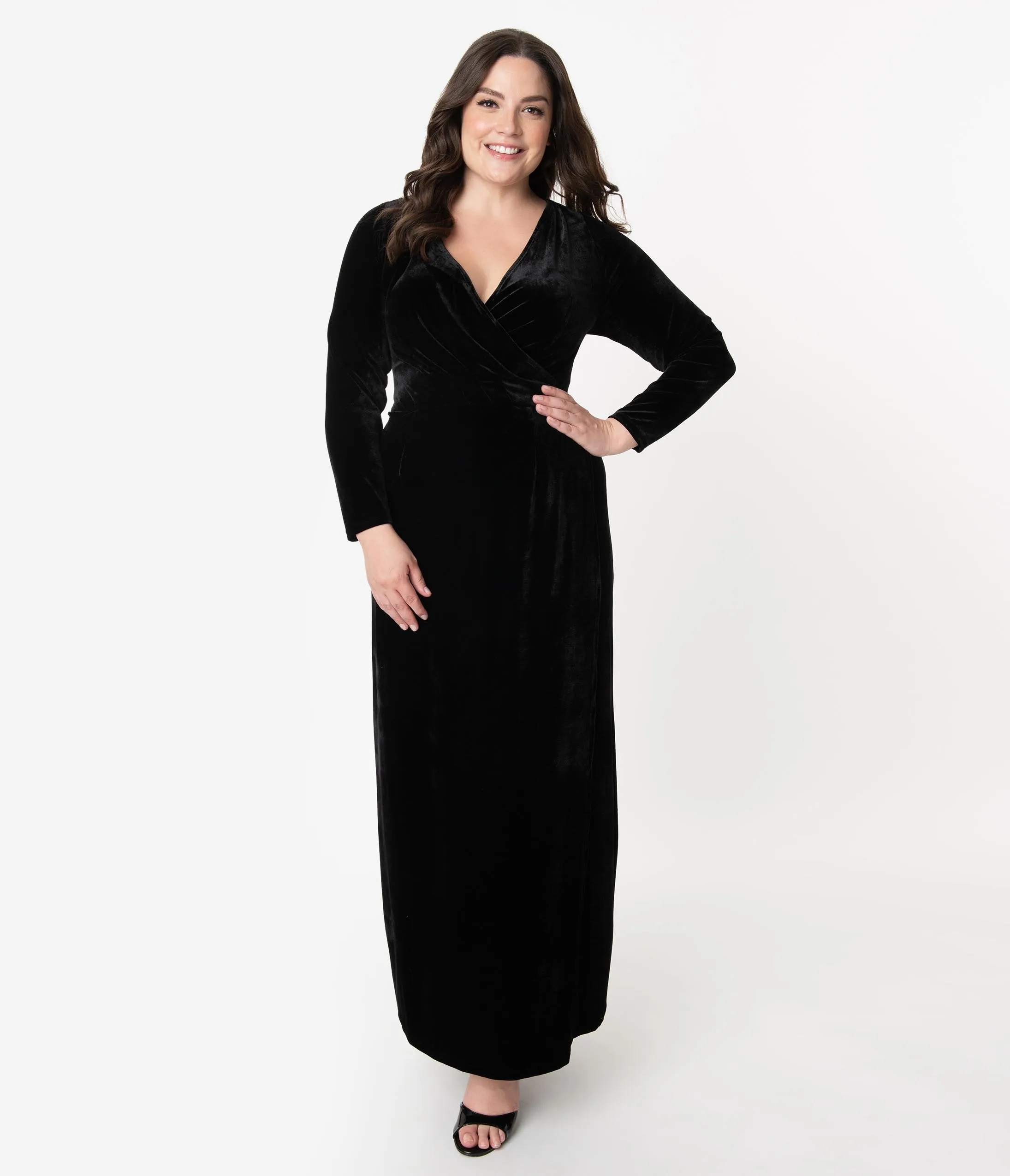 Unique Vintage Plus Size Black Velvet Sleeved Warner Faux Wrap Dress