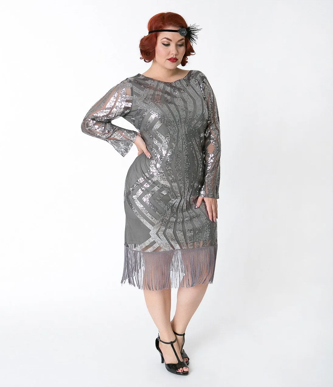 Unique Vintage Plus Size Silver Pewter Sequin Sleeved Jocelyne Flapper Dress