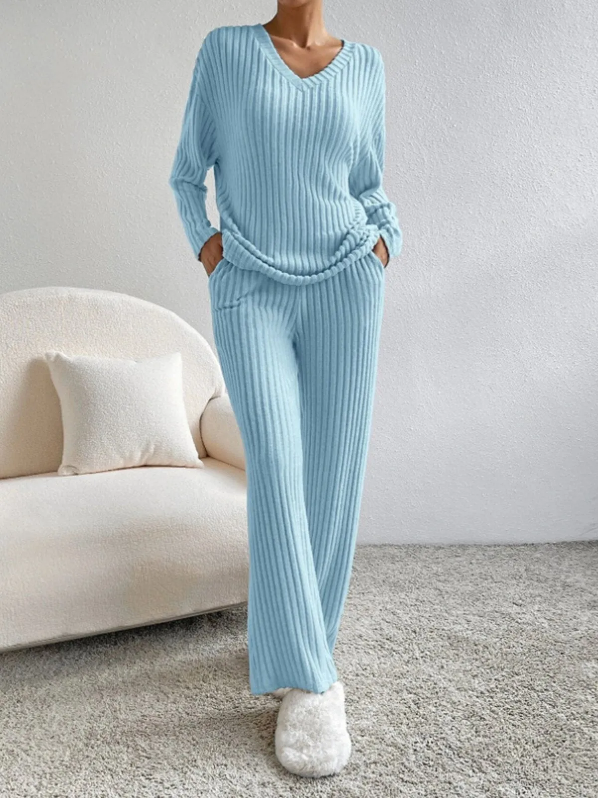 V-Neck Ribbed Design Comfy 2-Pieces Lounge Set