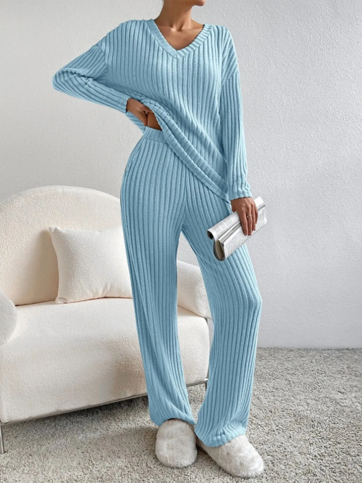 V-Neck Ribbed Design Comfy 2-Pieces Lounge Set