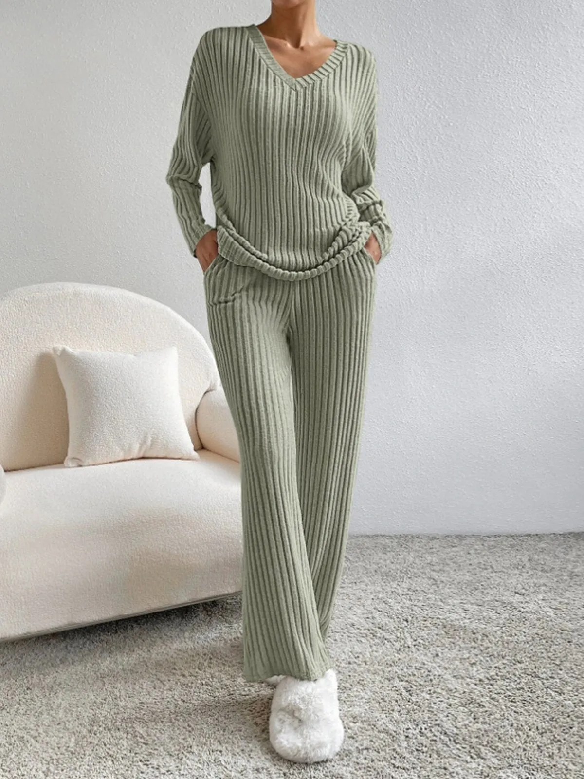 V-Neck Ribbed Design Comfy 2-Pieces Lounge Set