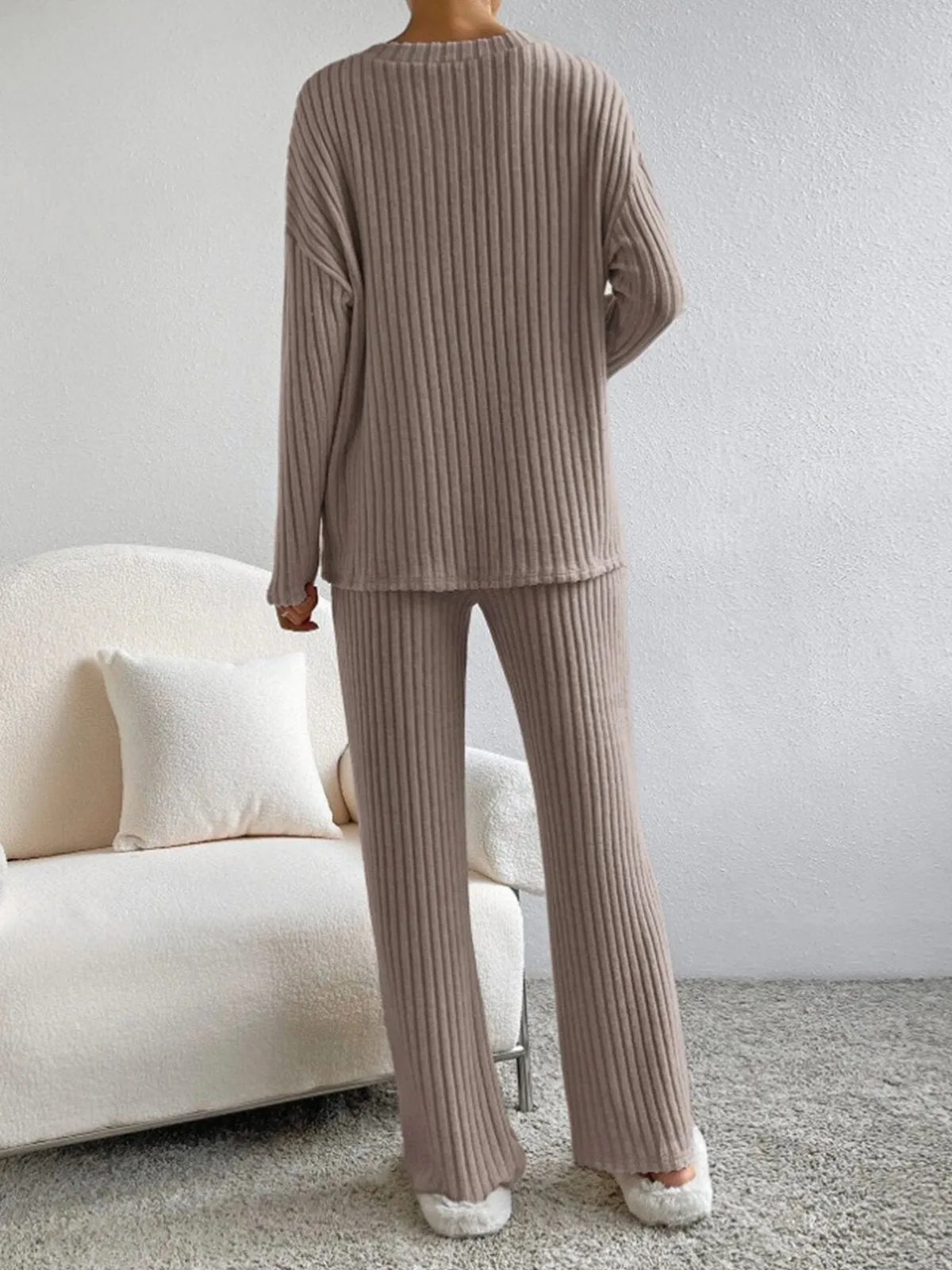 V-Neck Ribbed Design Comfy 2-Pieces Lounge Set