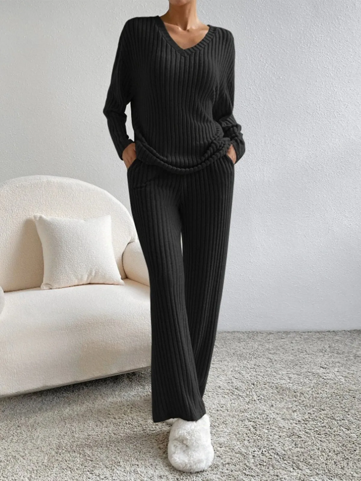 V-Neck Ribbed Design Comfy 2-Pieces Lounge Set