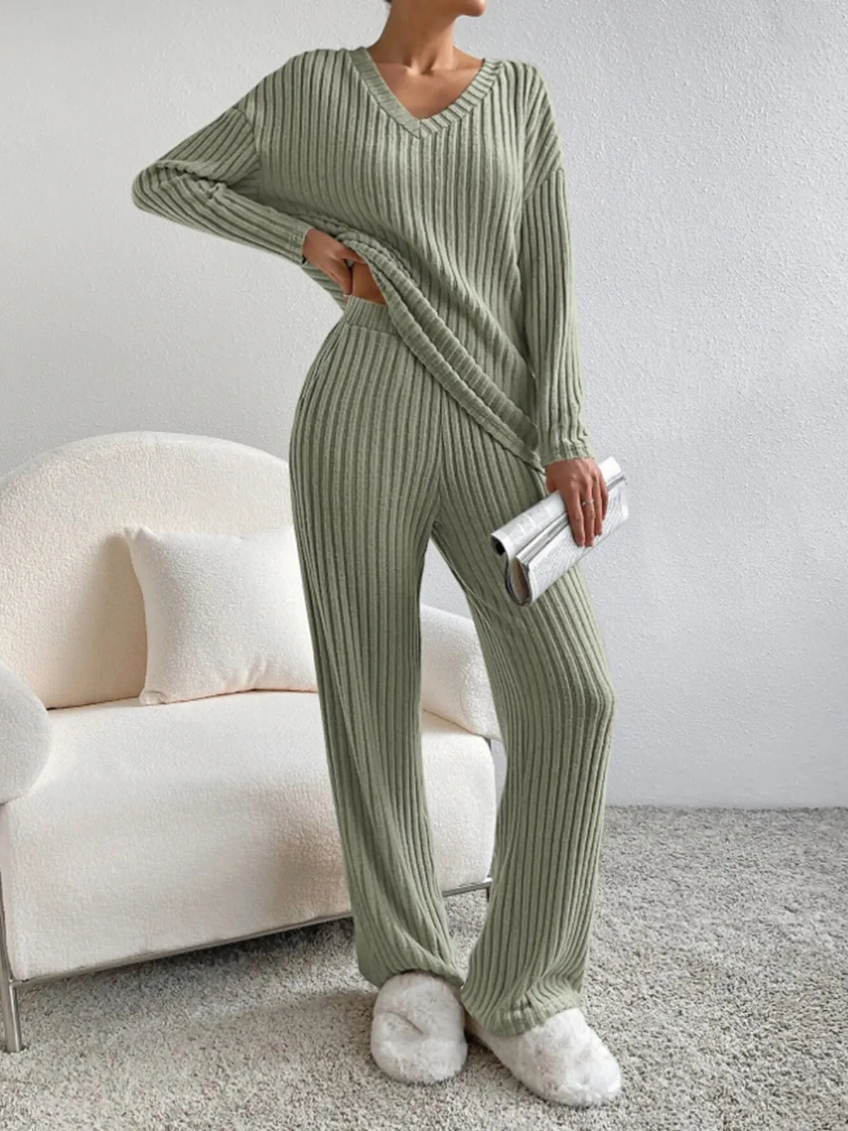 V-Neck Ribbed Design Comfy 2-Pieces Lounge Set