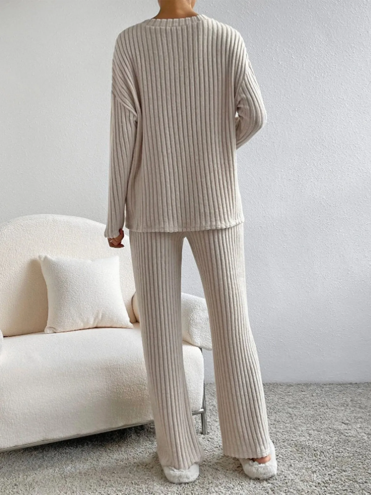 V-Neck Ribbed Design Comfy 2-Pieces Lounge Set