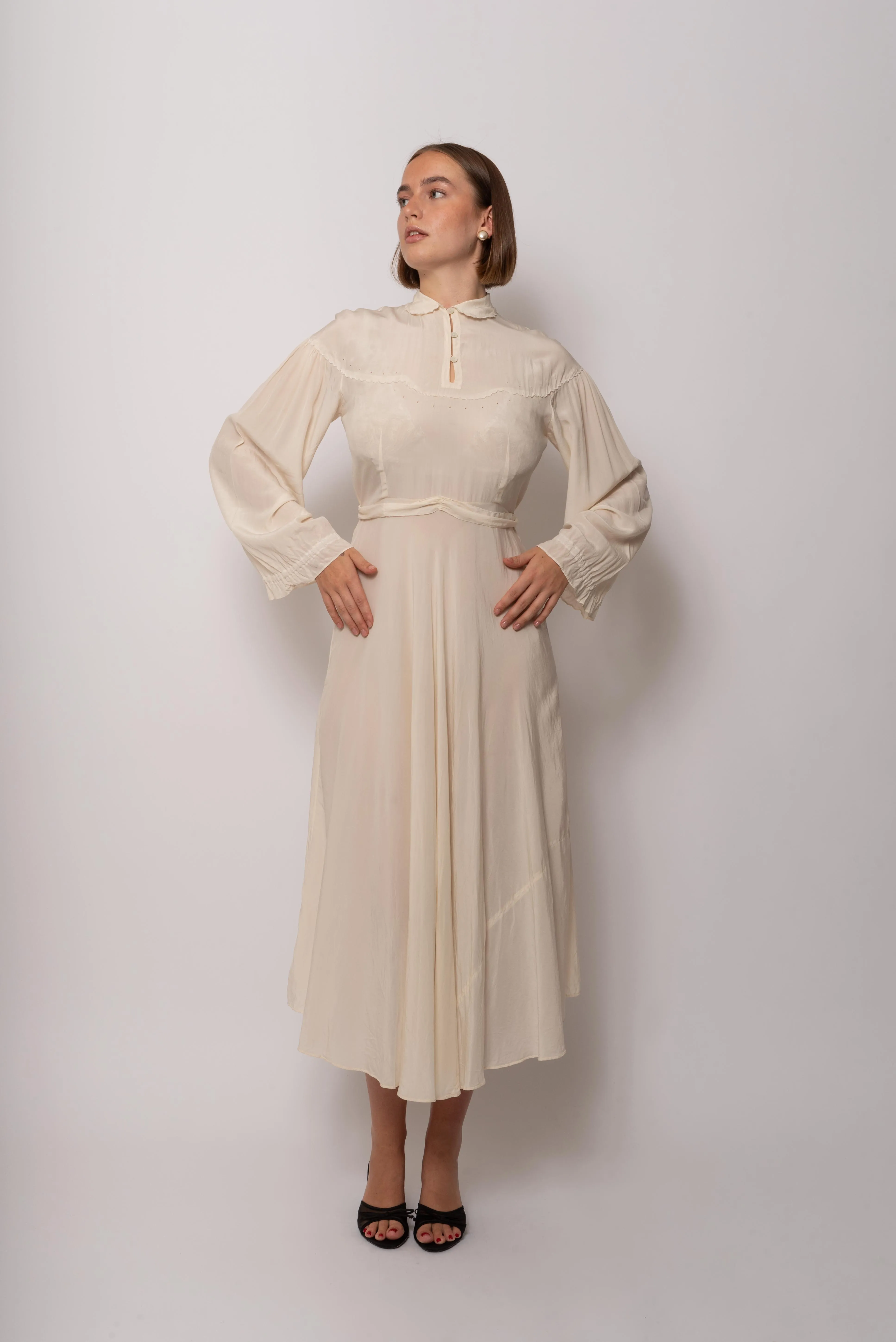 Vintage 1930s Ivory Silk Maxi Dress High Neckline