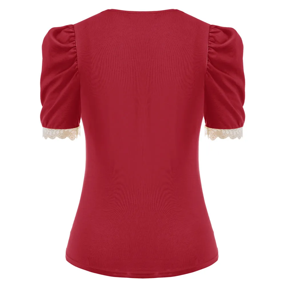 Vintage Puff Sleeve Elegant Lace Splicing Tops