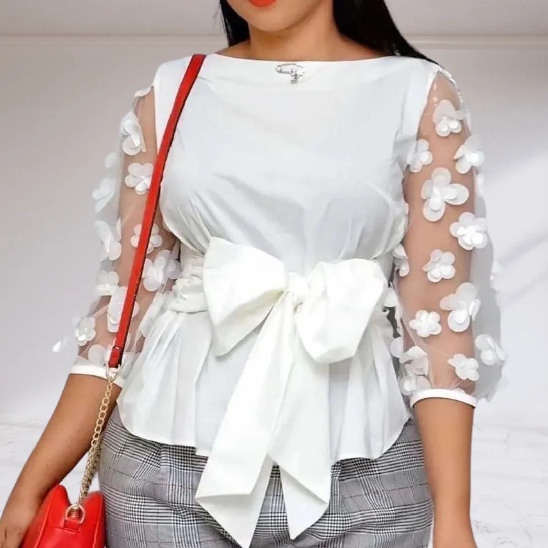 White Bow Embellished Sleeve Top