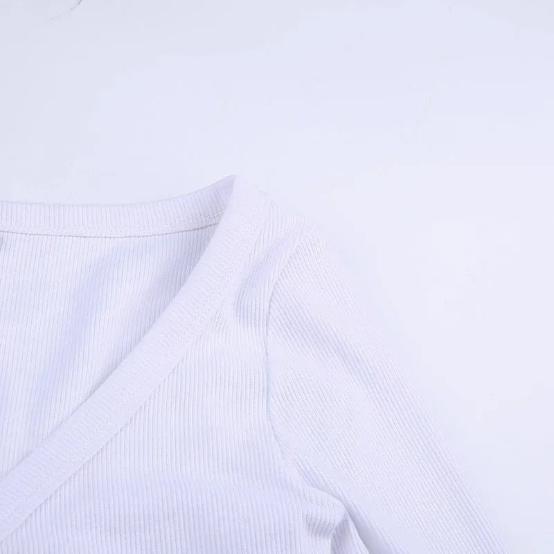 White Solid Sexy V Neck Crop Top Single-Breasted Long Sleeve