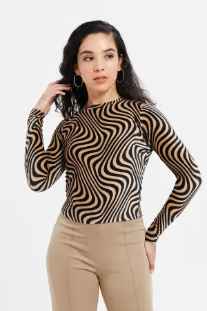 Women Black And Brown Printed Velvet Jersey Top