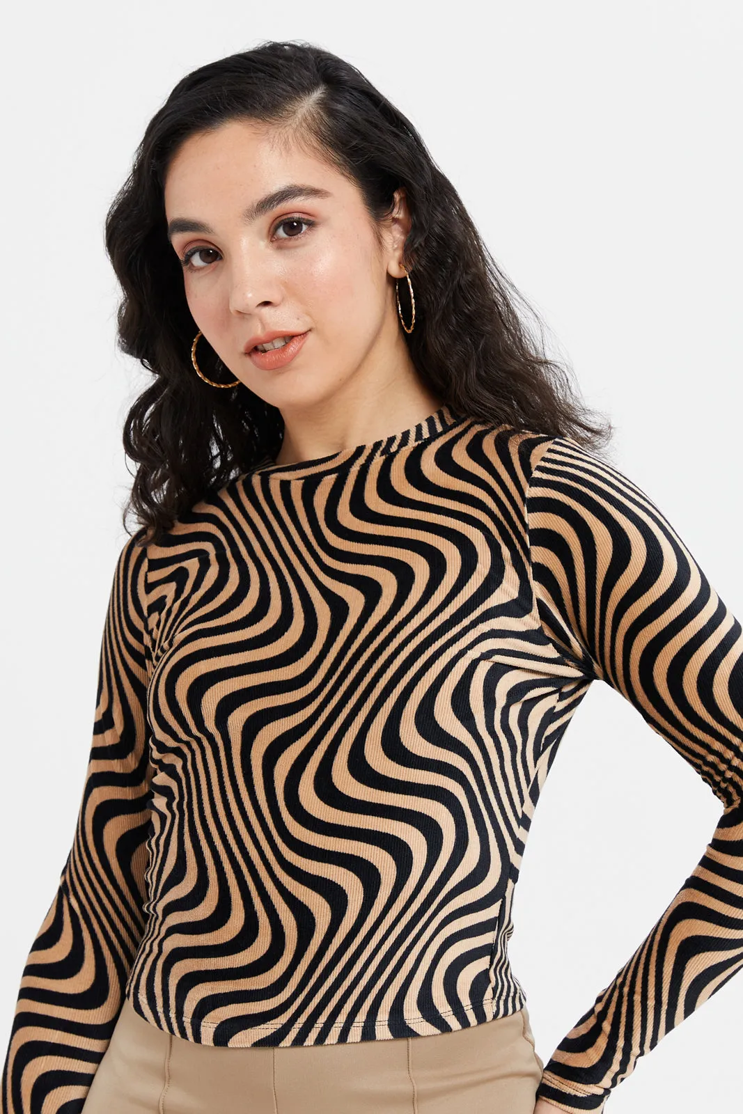 Women Black And Brown Printed Velvet Jersey Top