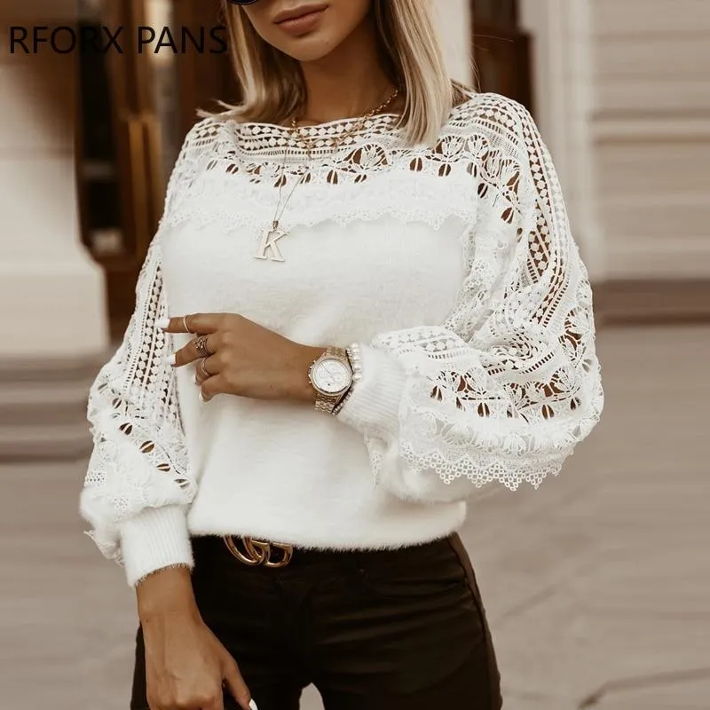 Women Lace Lantern Long Sleeve Sweatshirt