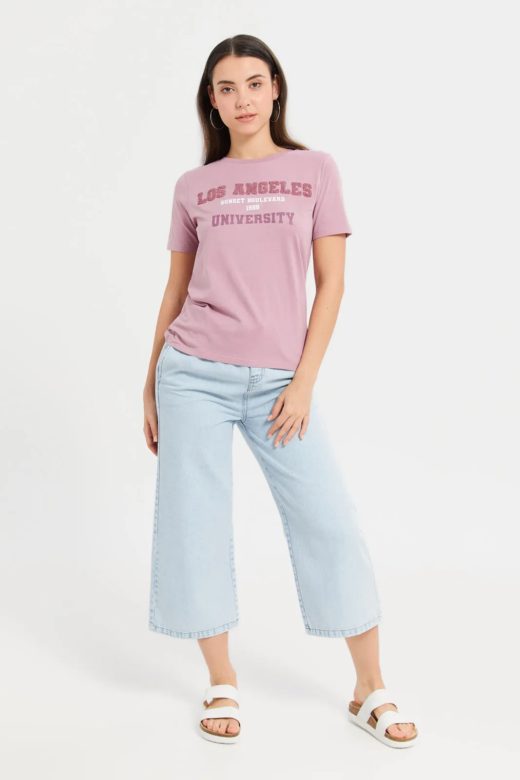 Women Mauve Emebellished T-Shirt