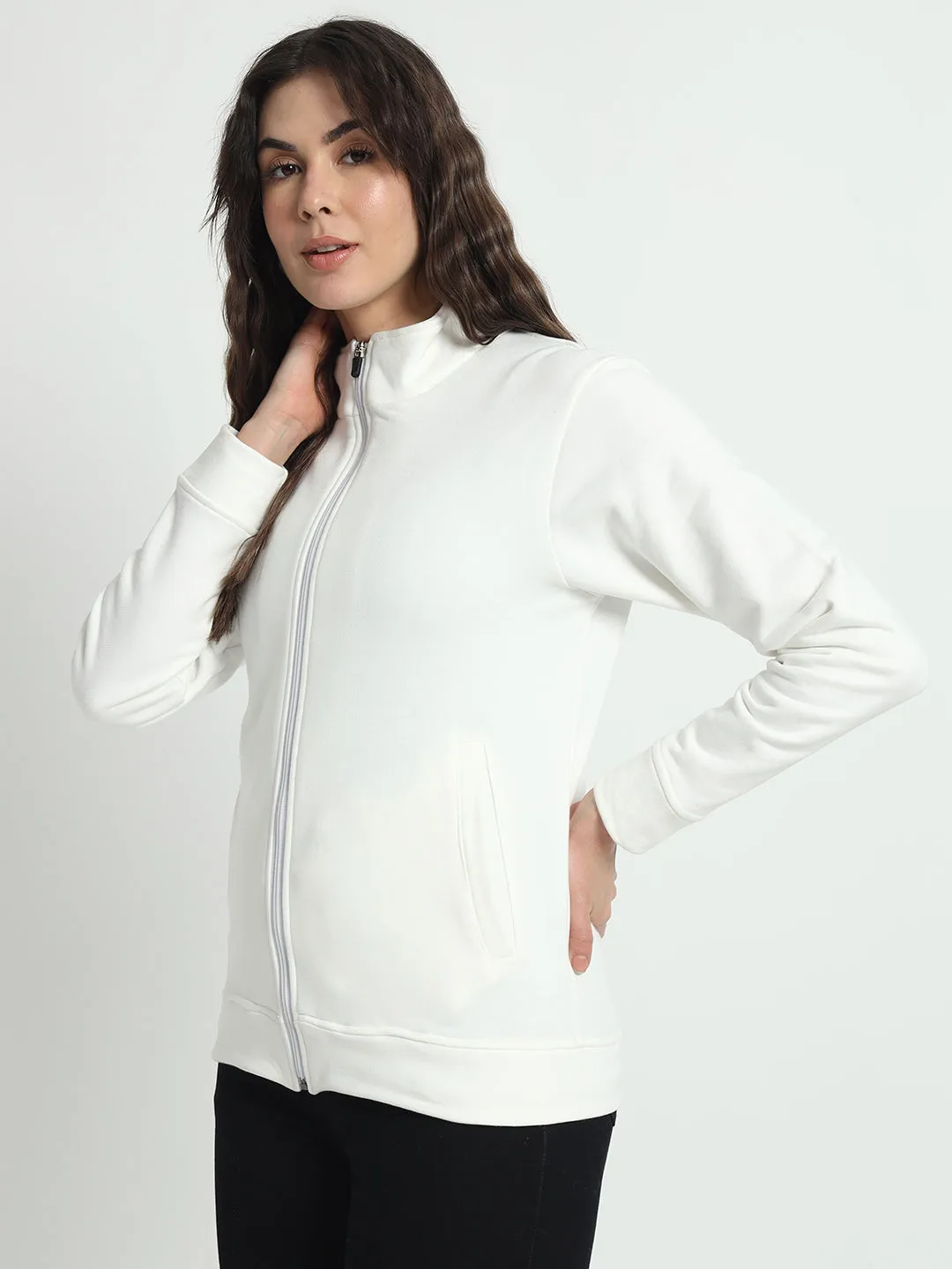 Women Mock Collar White Bomber Jacket