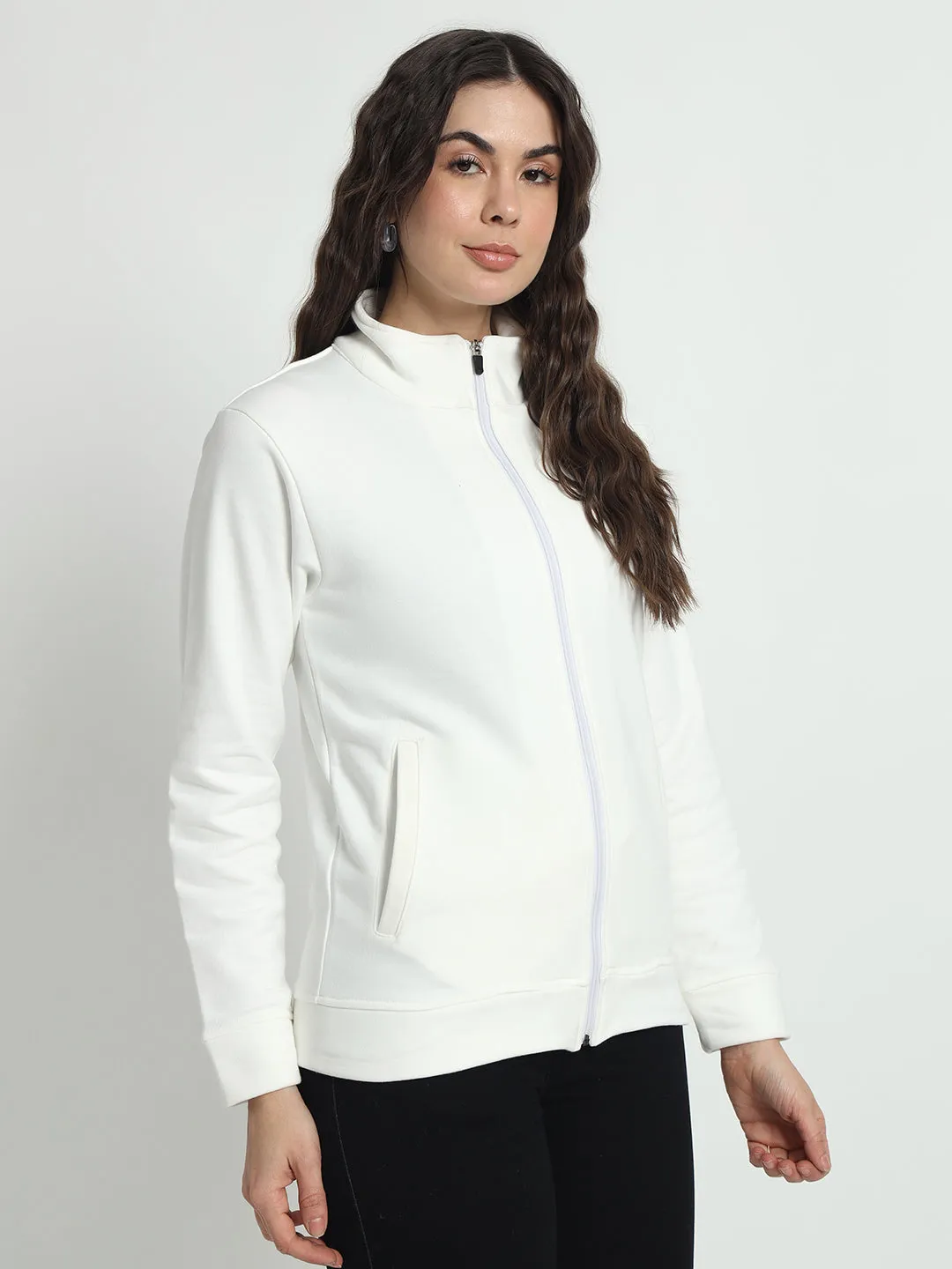 Women Mock Collar White Bomber Jacket