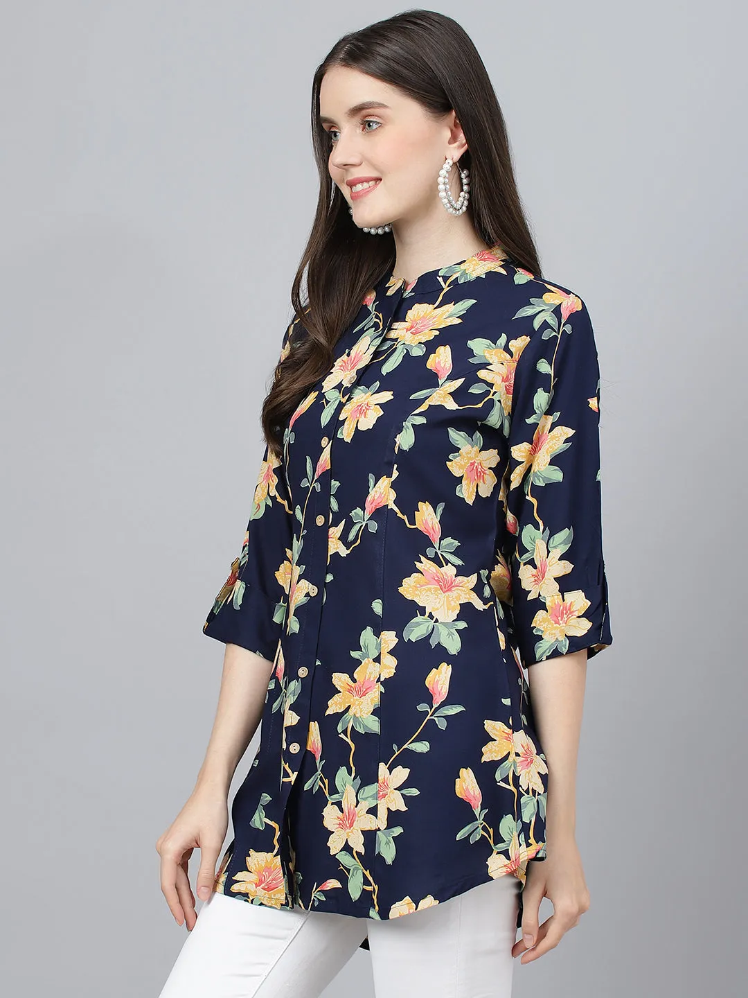 Women Navy Blue Floral Printed Rayon A-Line Shirts Style Top