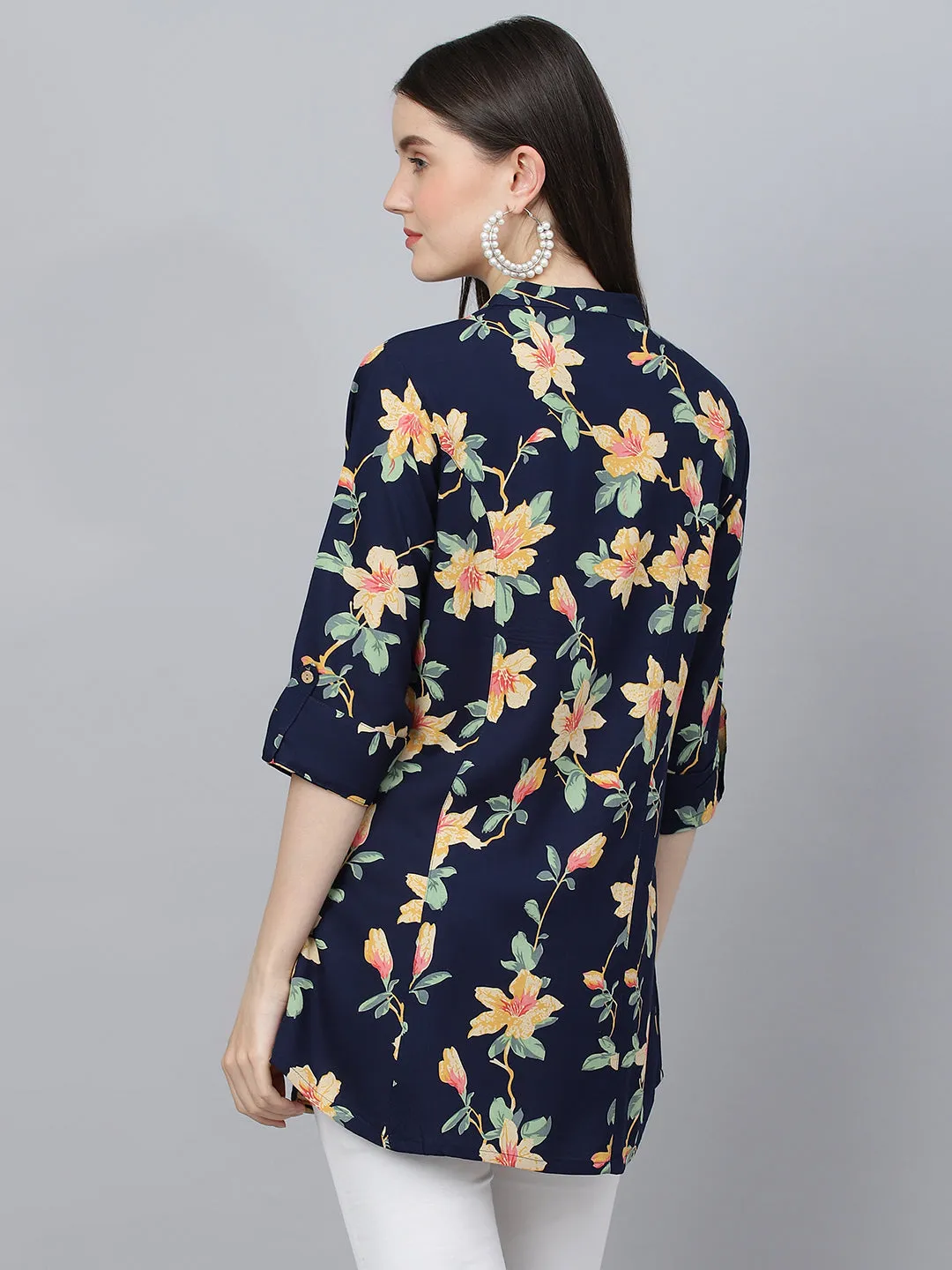 Women Navy Blue Floral Printed Rayon A-Line Shirts Style Top