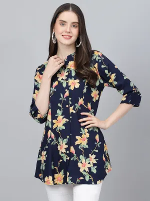 Women Navy Blue Floral Printed Rayon A-Line Shirts Style Top