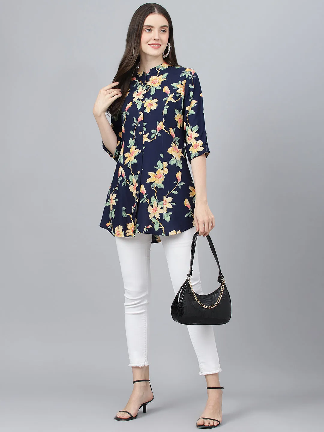 Women Navy Blue Floral Printed Rayon A-Line Shirts Style Top