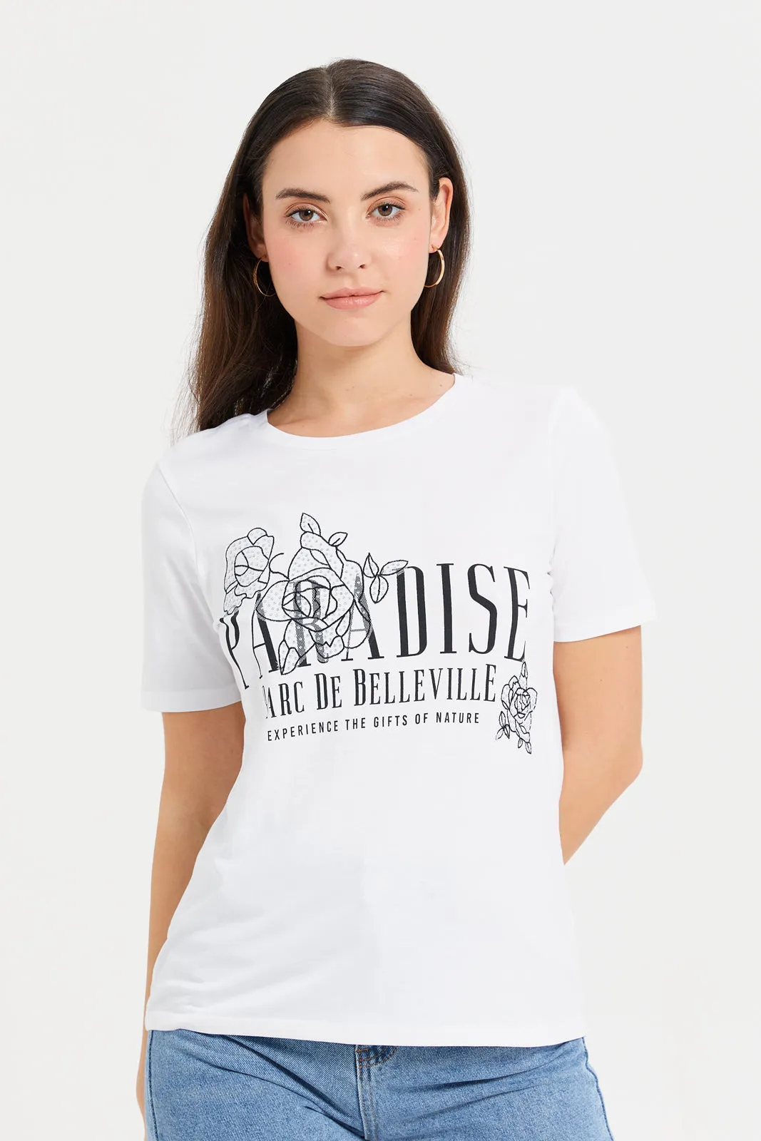 Women White Lace Embellished T-Shirt