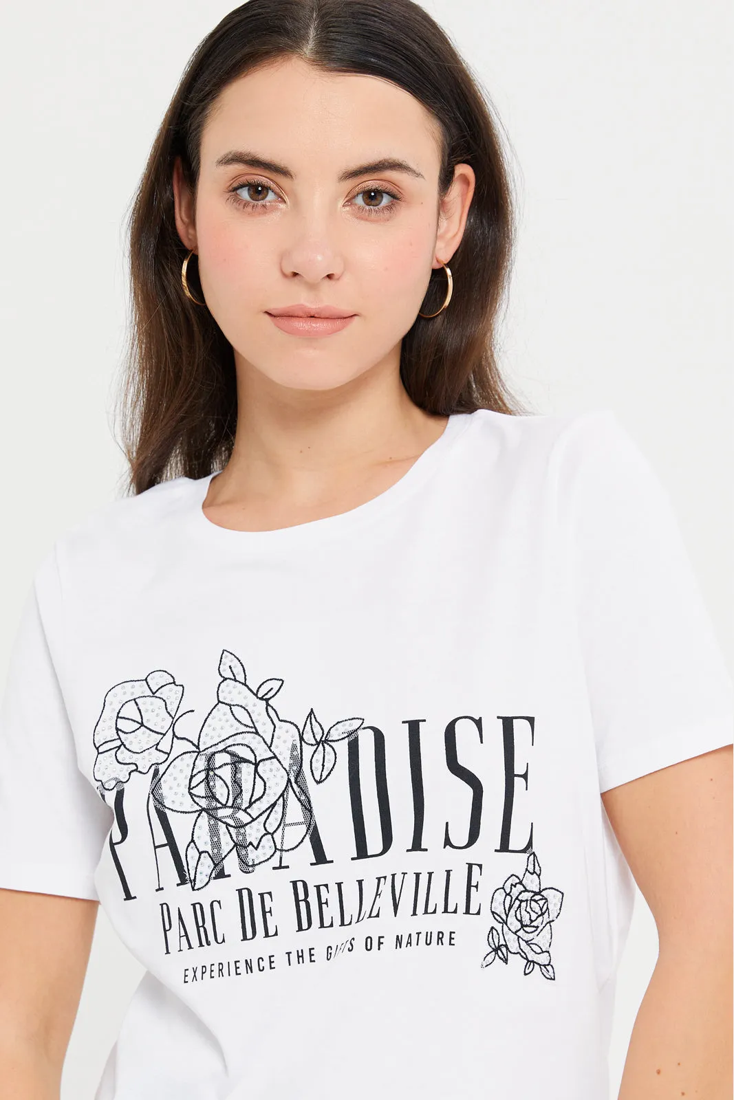 Women White Lace Embellished T-Shirt