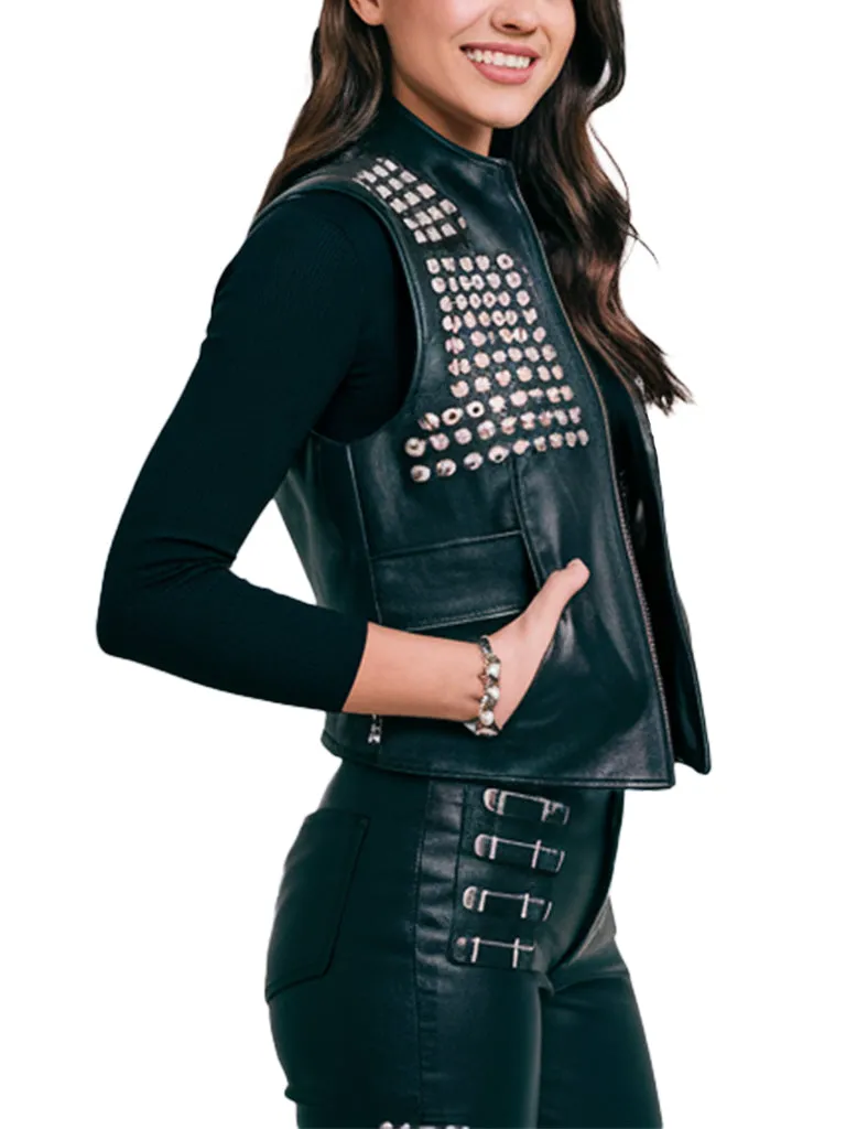 Women's Black Stylish Studded Leather Vest