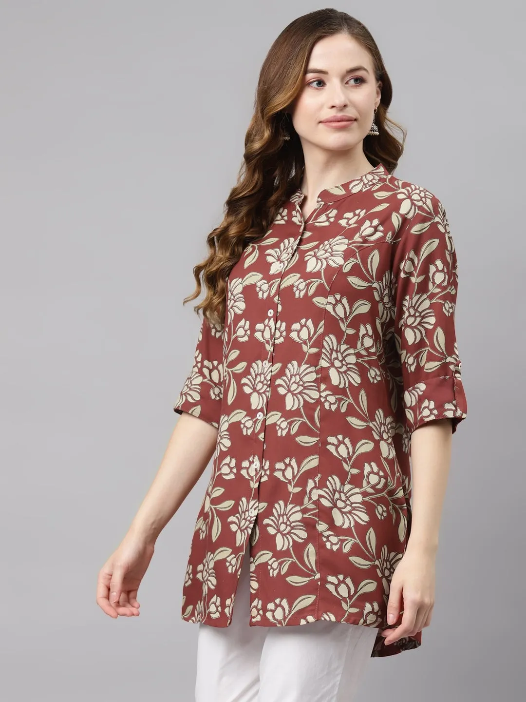 Women'S Maroon Floral Rayon Top